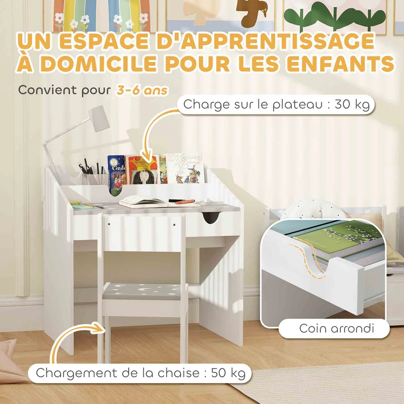 Ensemble bureau et chaise 69 x 50 x 75 cm tiroir coulissant assise ergonomique coins arrondis scandinave en MDF gris 21_0000218