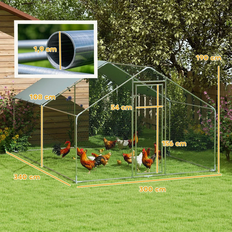Enclos poules extérieur 300 x 340 x 190 cm pour 10-15 poules porte avec verrou anti uv design industriel en acier argent 21_0007991