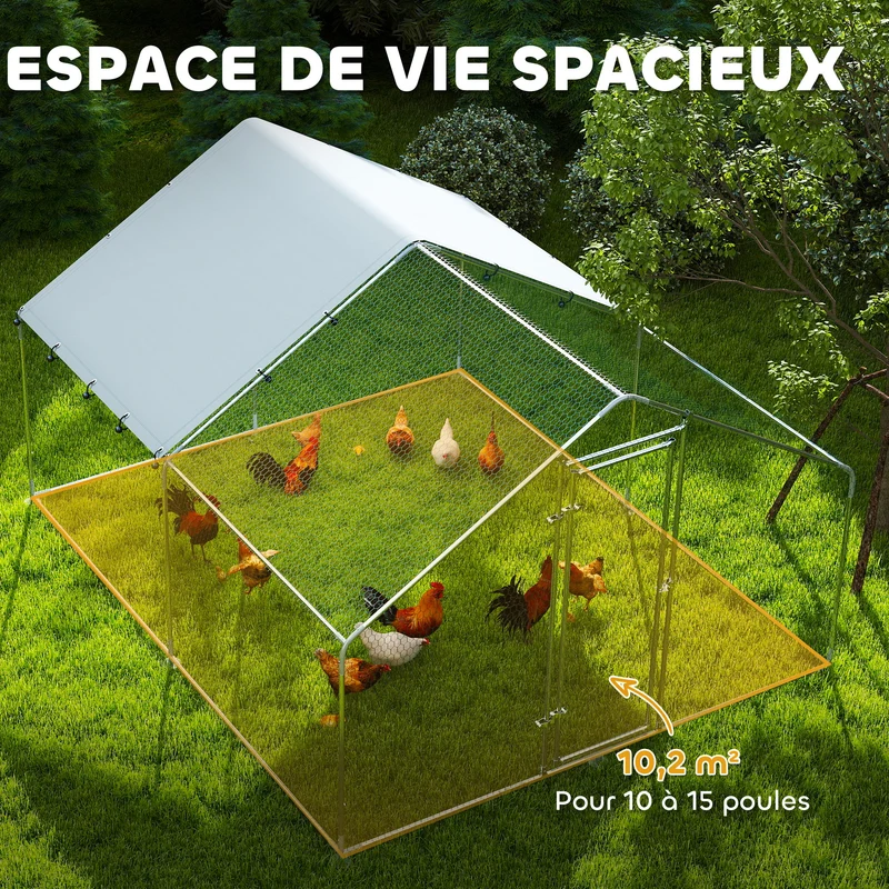 Enclos poules extérieur 300 x 340 x 190 cm pour 10-15 poules porte avec verrou anti uv design industriel en acier argent 21_0007991