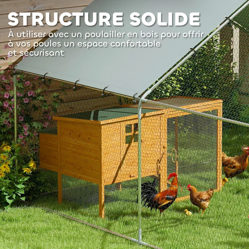 Enclos poules extérieur 300 x 340 x 190 cm pour 10-15 poules porte avec verrou anti uv design industriel en acier argent 21_0007991