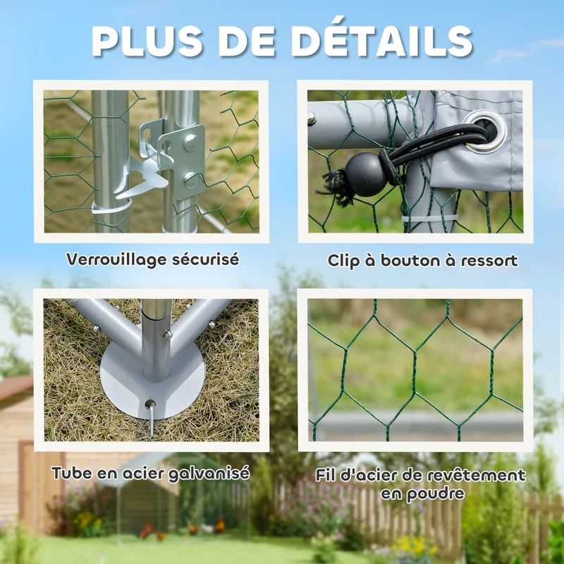 Enclos poules extérieur 300 x 340 x 190 cm pour 10-15 poules porte avec verrou anti uv design industriel en acier argent 21_0007991