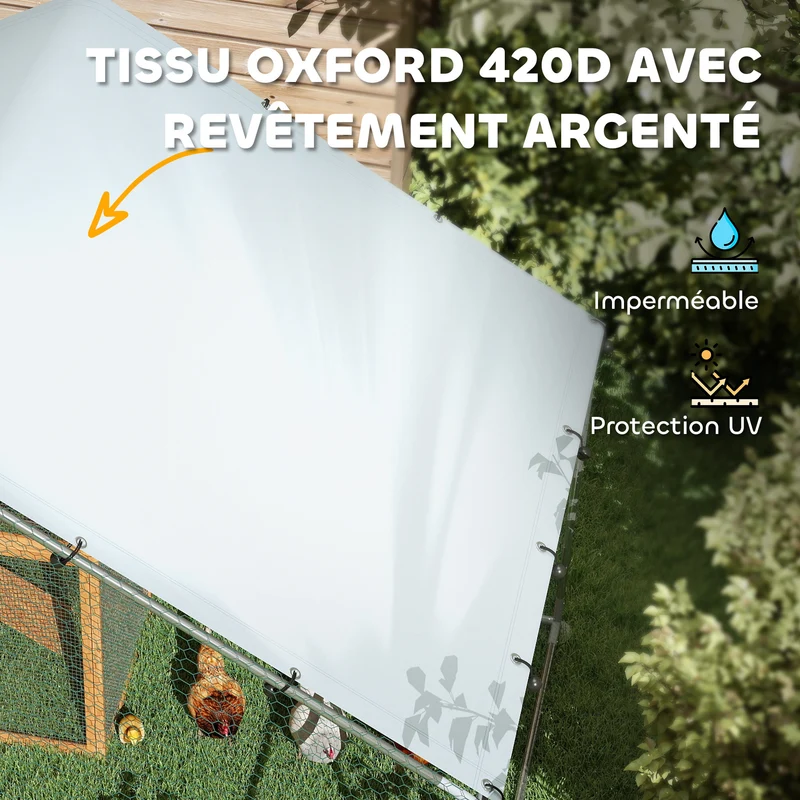 Enclos poules extérieur 300 x 340 x 190 cm pour 10-15 poules porte avec verrou anti uv design industriel en acier argent 21_0007991