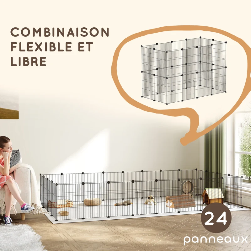 Enclos modulable pour petits animaux 120 x 60 x 80 cm porte intégrée antidérapant moderne scandinave en acier noir 21_0007997