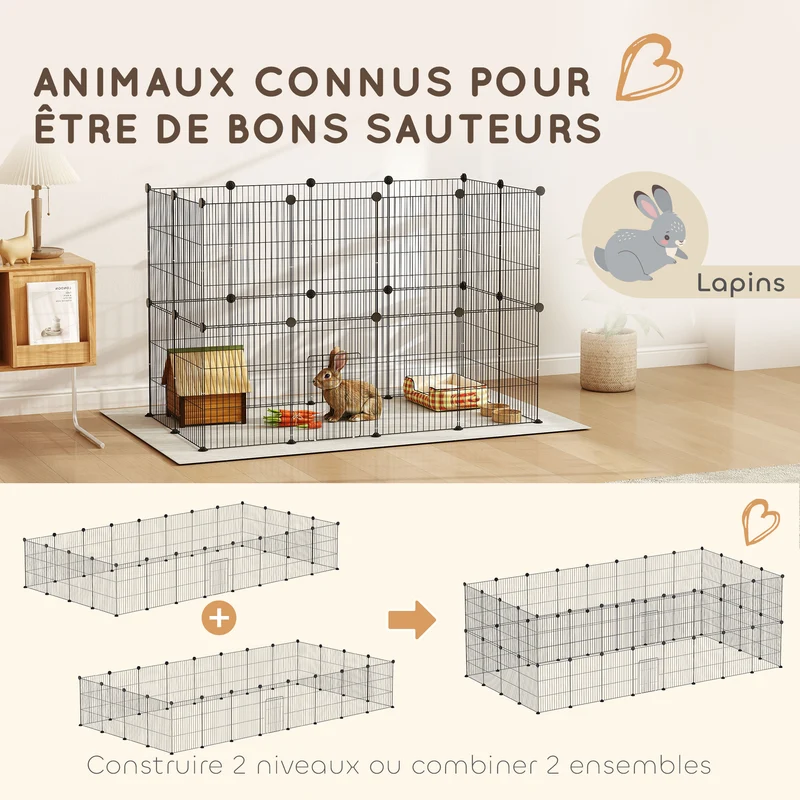 Enclos modulable pour petits animaux 120 x 60 x 80 cm porte intégrée antidérapant moderne scandinave en acier noir 21_0007997