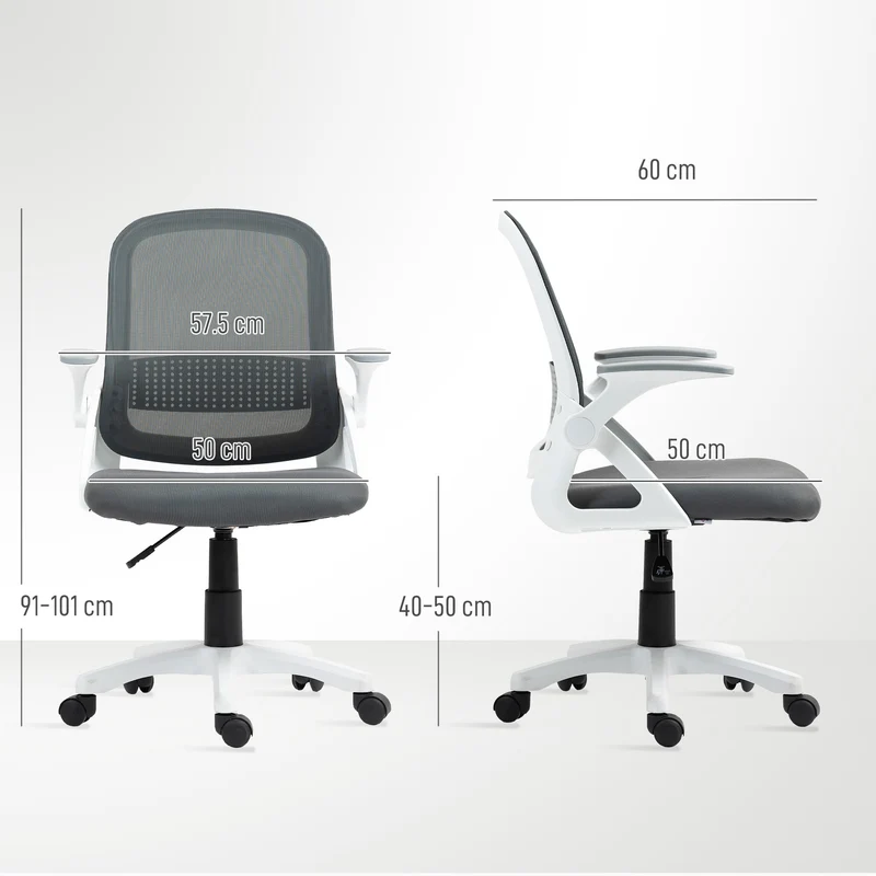 Chaise de bureau ergonomique dossier incurvé 57,5 x 60 x 91-101 cm réglable accoudoirs pliables design en polyester gris 21_0006298