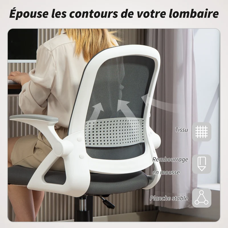 Chaise de bureau ergonomique dossier incurvé 57,5 x 60 x 91-101 cm réglable accoudoirs pliables design en polyester gris 21_0006298