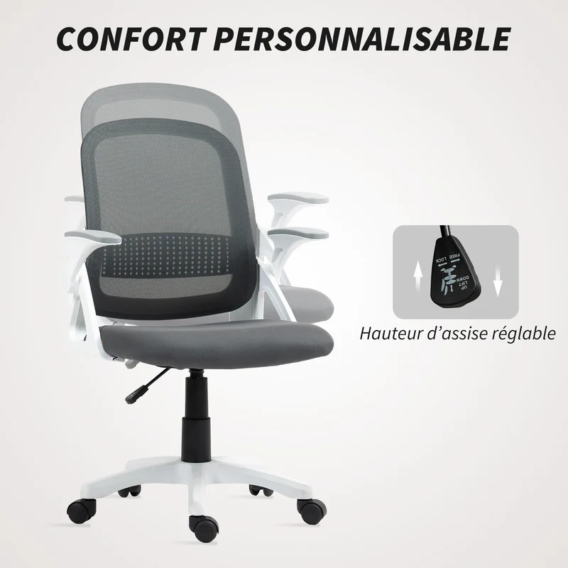 Chaise de bureau ergonomique dossier incurvé 57,5 x 60 x 91-101 cm réglable accoudoirs pliables design en polyester gris 21_0006298