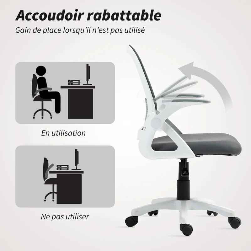 Chaise de bureau ergonomique dossier incurvé 57,5 x 60 x 91-101 cm réglable accoudoirs pliables design en polyester gris 21_0006298