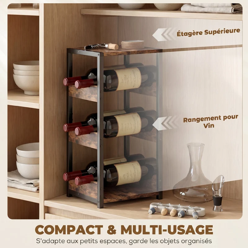 Casier à bouteilles ondulé 22 x 24 x 49,2 cm support 6 bouteilles compact industriel plateau pratique en métal noir 21_0001066