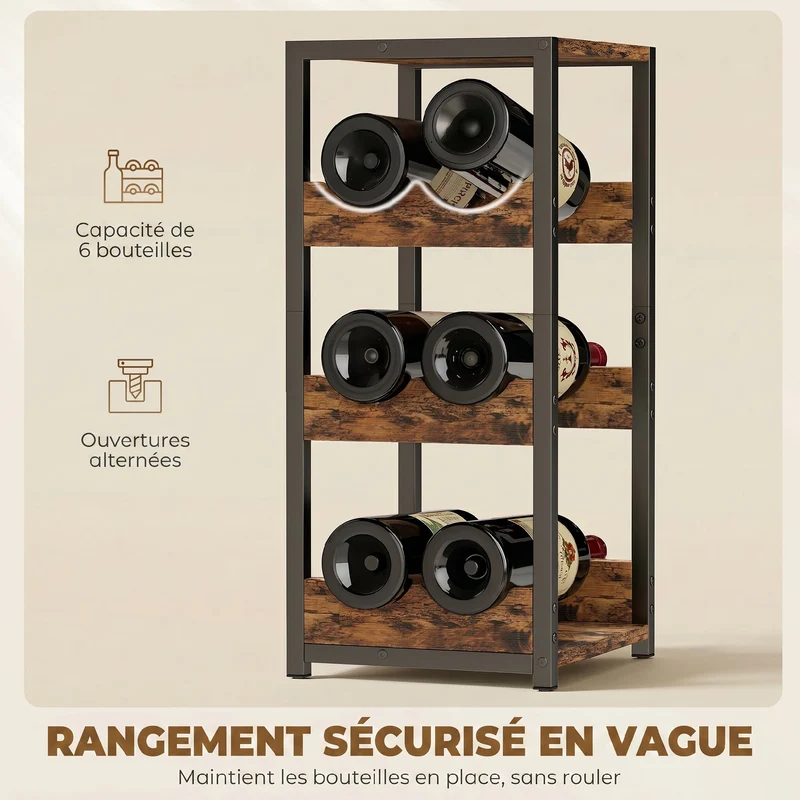 Casier à bouteilles ondulé 22 x 24 x 49,2 cm support 6 bouteilles compact industriel plateau pratique en métal noir 21_0001066