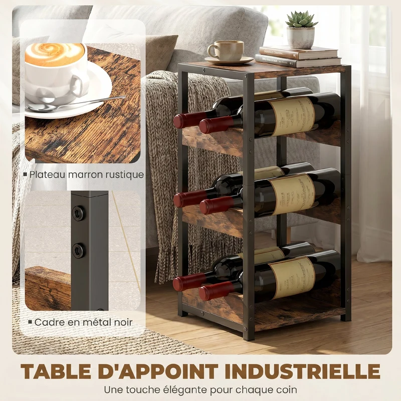 Casier à bouteilles ondulé 22 x 24 x 49,2 cm support 6 bouteilles compact industriel plateau pratique en métal noir 21_0001066