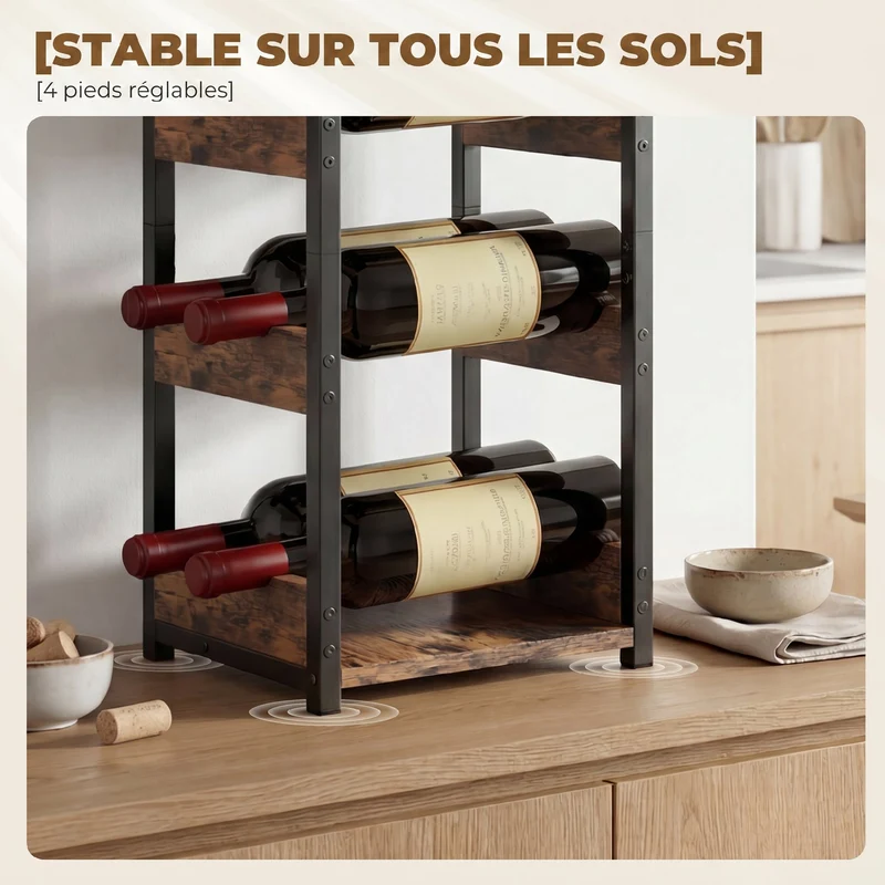 Casier à bouteilles ondulé 22 x 24 x 49,2 cm support 6 bouteilles compact industriel plateau pratique en métal noir 21_0001066