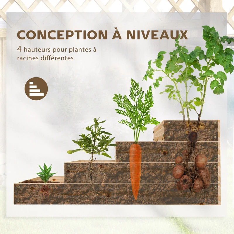 Carré potager de jardin 113 x 113 x 46 cm drainage doublure anti-mauvaises herbes design rustique en bois massif naturel 21_0005541