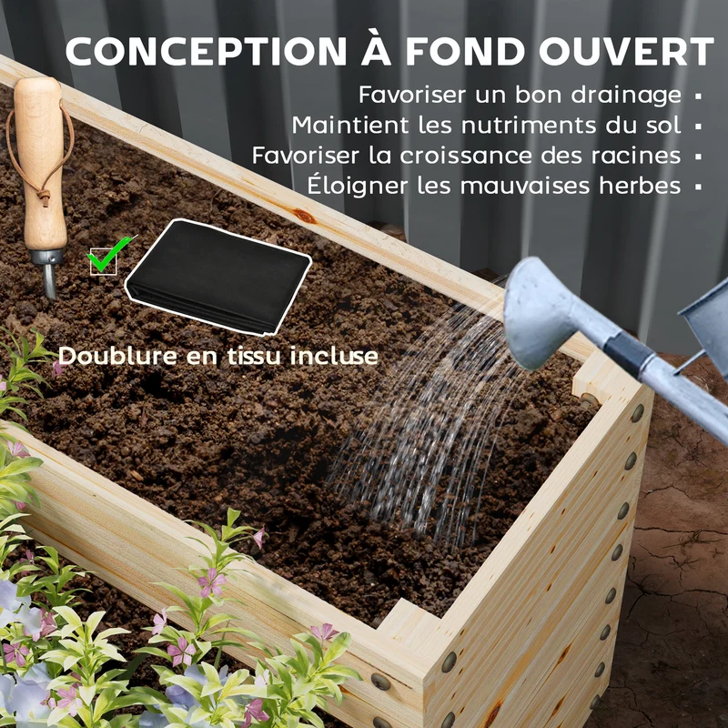 Carré potager de jardin 113 x 113 x 46 cm drainage doublure anti-mauvaises herbes design rustique en bois massif naturel 21_0005541