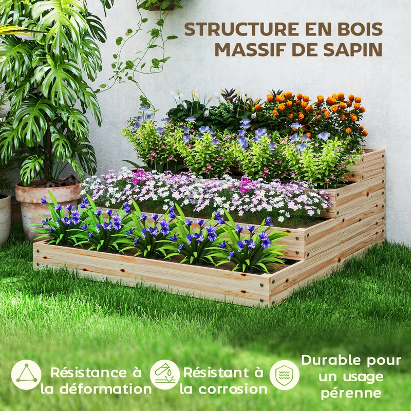 Carré potager de jardin 113 x 113 x 46 cm drainage doublure anti-mauvaises herbes design rustique en bois massif naturel 21_0005541