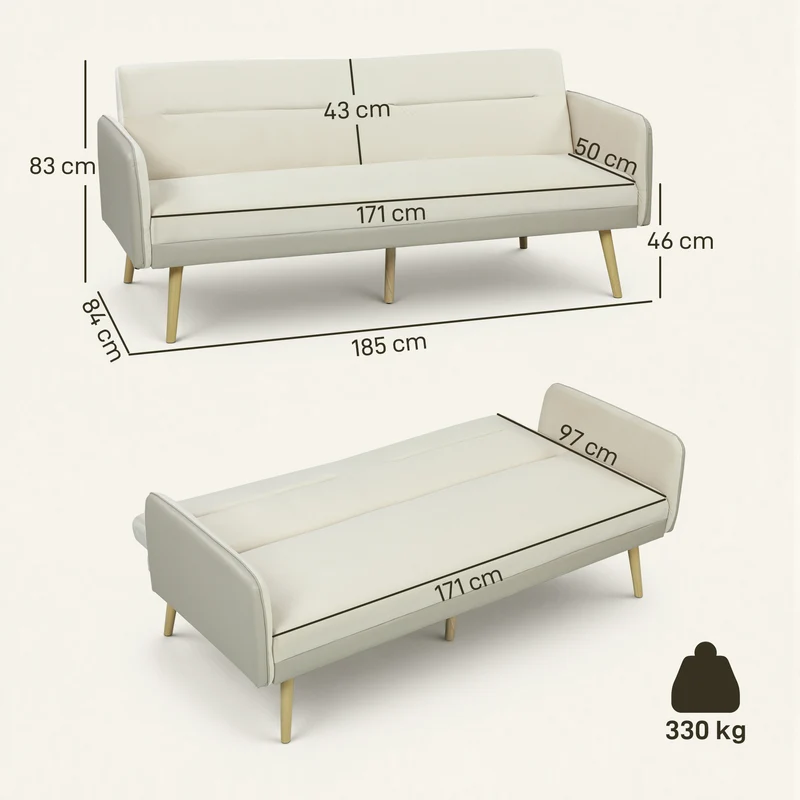 Canapé convertible 3 places clic-clac dossier réglable 185 x 84 x 83 cm assise rembourrée contemporain en velours beige 21_0003617