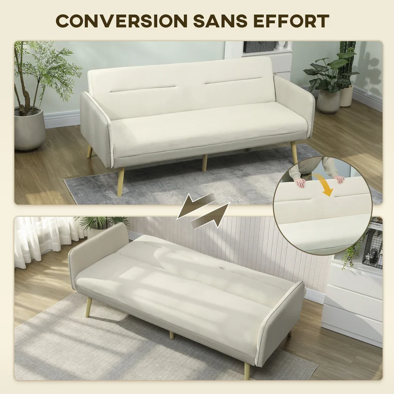 Canapé convertible 3 places clic-clac dossier réglable 185 x 84 x 83 cm assise rembourrée contemporain en velours beige 21_0003617