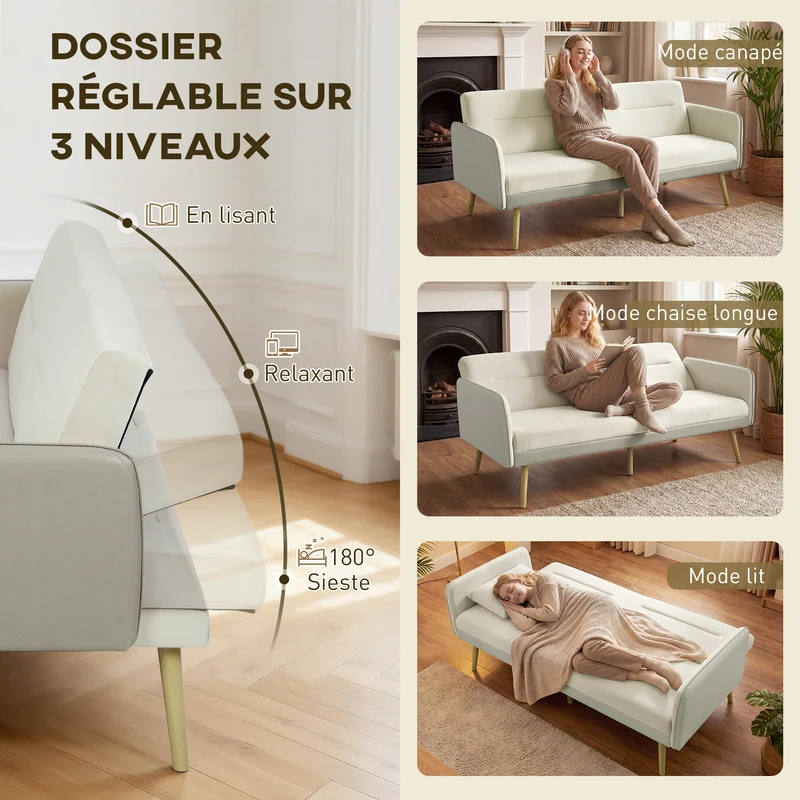 Canapé convertible 3 places clic-clac dossier réglable 185 x 84 x 83 cm assise rembourrée contemporain en velours beige 21_0003617