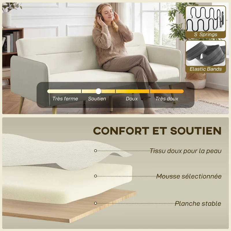Canapé convertible 3 places clic-clac dossier réglable 185 x 84 x 83 cm assise rembourrée contemporain en velours beige 21_0003617