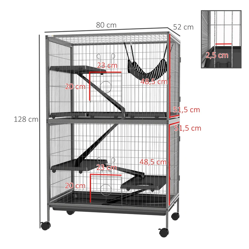 Cage pour rongeurs 80 x 52 x 128 cm 4 portes hamac supérieur stable contemporain industriel salle à manger en acier gris 21_0007885