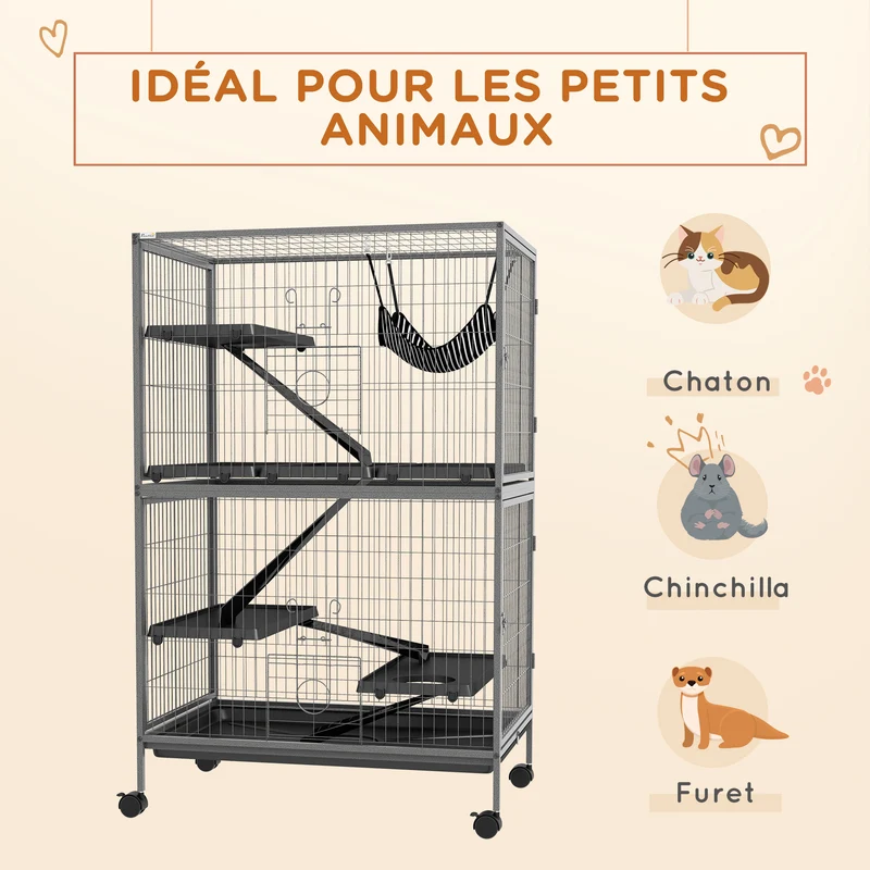 Cage pour rongeurs 80 x 52 x 128 cm 4 portes hamac supérieur stable contemporain industriel salle à manger en acier gris 21_0007885