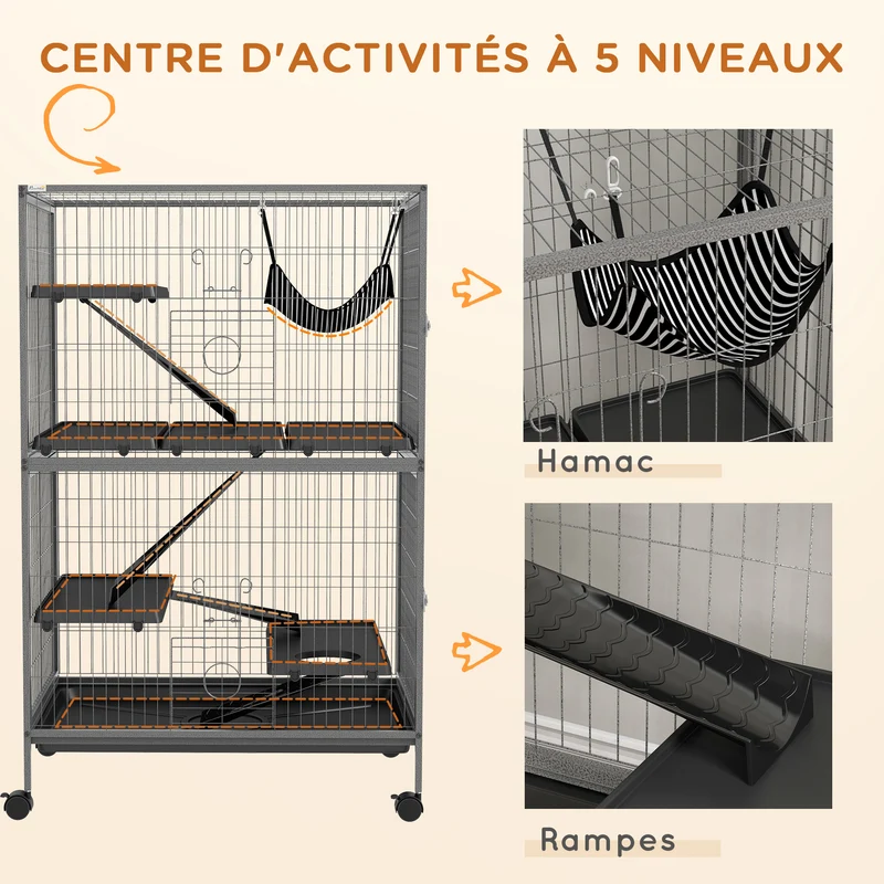 Cage pour rongeurs 80 x 52 x 128 cm 4 portes hamac supérieur stable contemporain industriel salle à manger en acier gris 21_0007885