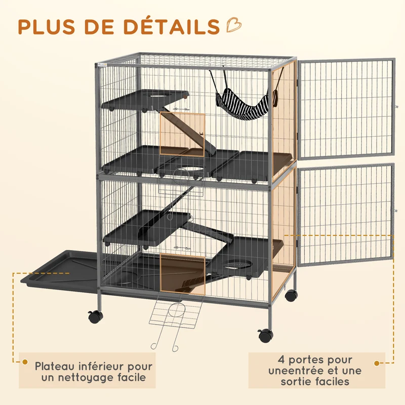 Cage pour rongeurs 80 x 52 x 128 cm 4 portes hamac supérieur stable contemporain industriel salle à manger en acier gris 21_0007885
