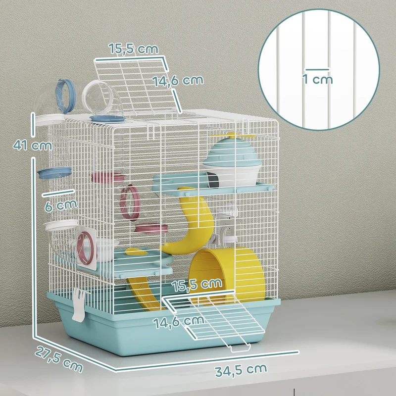 Cage pour hamster 34.5 x 27.5 x 41 cm trois niveaux tunnel et roue inclus design moderne épuré pour salon en métal bleu 21_0008022