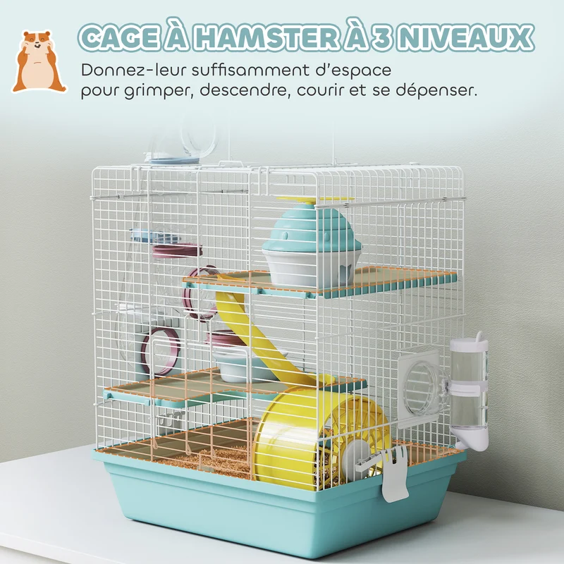 Cage pour hamster 34.5 x 27.5 x 41 cm trois niveaux tunnel et roue inclus design moderne épuré pour salon en métal bleu 21_0008022