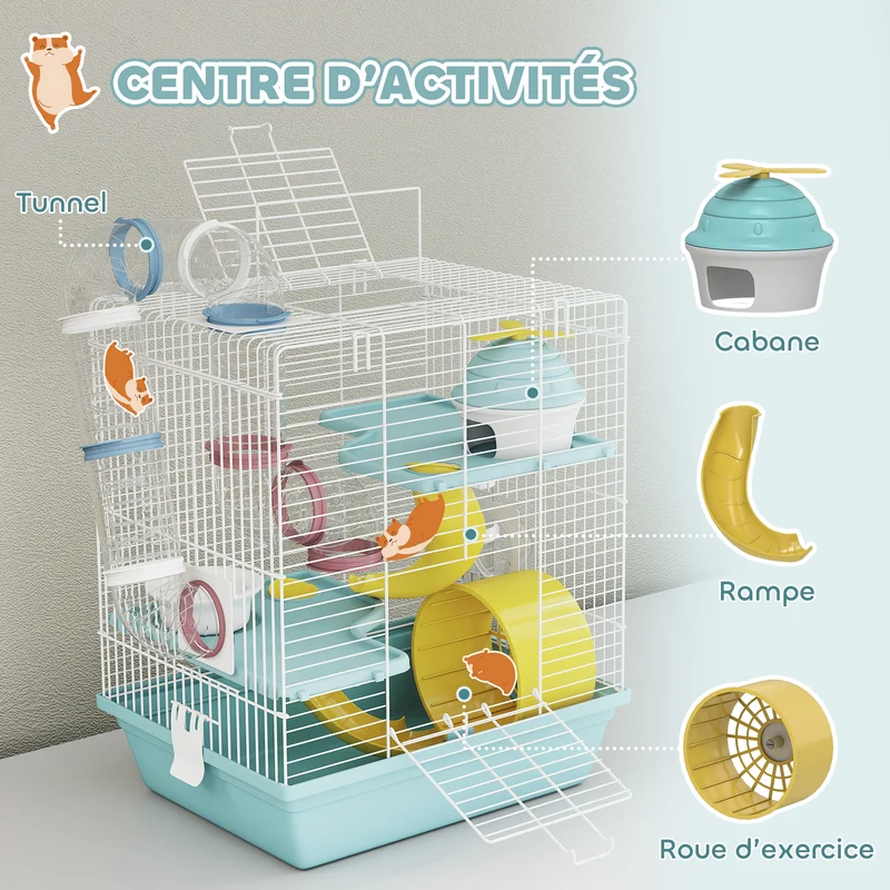 Cage pour hamster 34.5 x 27.5 x 41 cm trois niveaux tunnel et roue inclus design moderne épuré pour salon en métal bleu 21_0008022