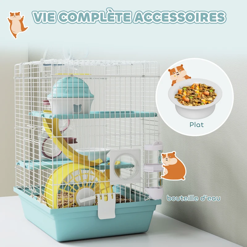 Cage pour hamster 34.5 x 27.5 x 41 cm trois niveaux tunnel et roue inclus design moderne épuré pour salon en métal bleu 21_0008022