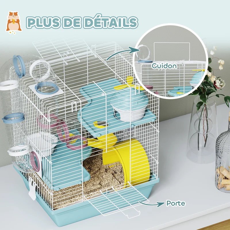 Cage pour hamster 34.5 x 27.5 x 41 cm trois niveaux tunnel et roue inclus design moderne épuré pour salon en métal bleu 21_0008022