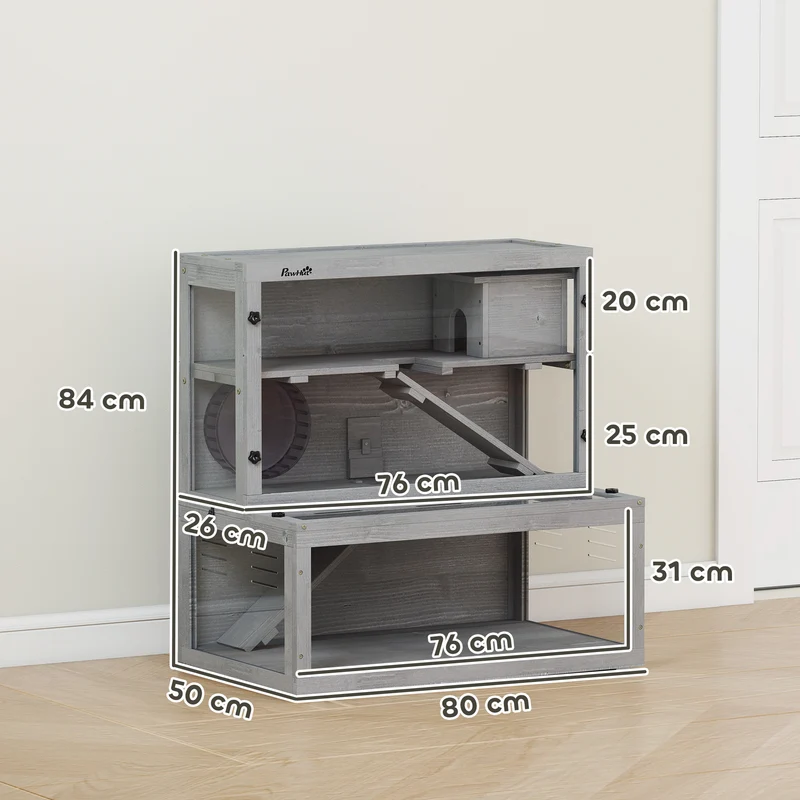 Cage pour hamster 3 niveaux 80 x 50 x 84 cm spacieuse panneau transparent idéale chambre design moderne en bois gris 21_0008014
