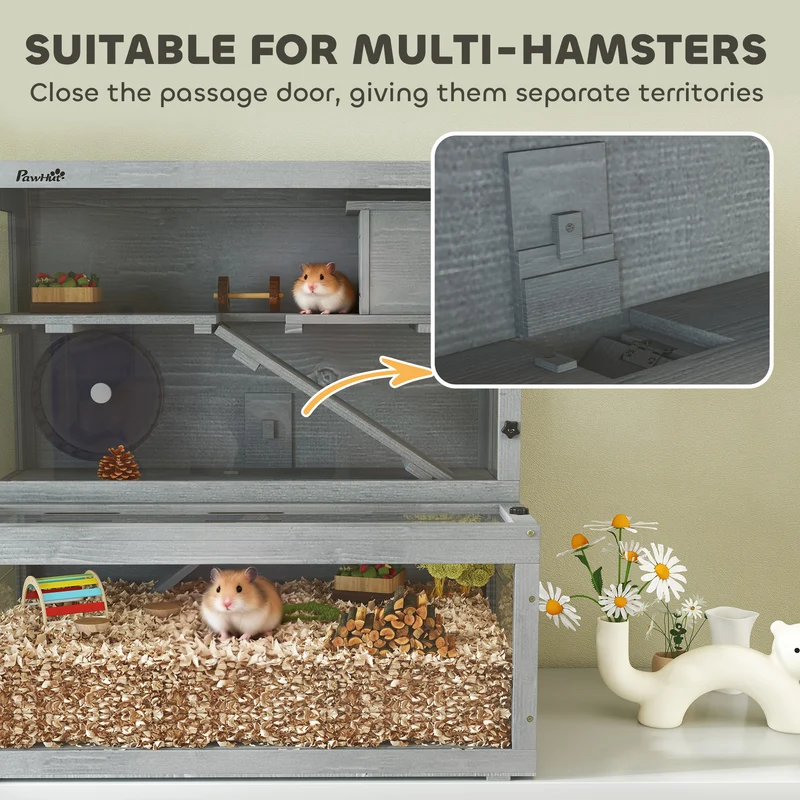 Cage pour hamster 3 niveaux 80 x 50 x 84 cm spacieuse panneau transparent idéale chambre design moderne en bois gris 21_0008014