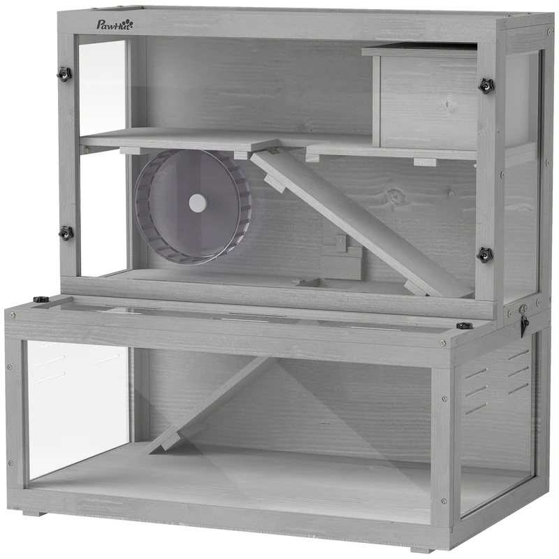 Cage pour hamster 3 niveaux 80 x 50 x 84 cm spacieuse panneau transparent idéale chambre design moderne en bois gris 21_0008014