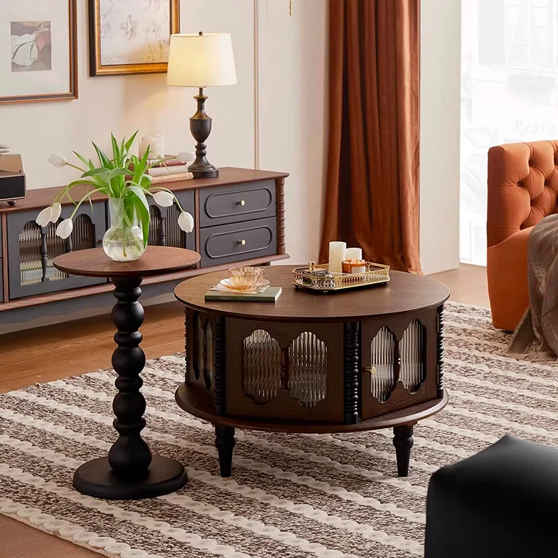 Traditional French Red Oak Wood Round Roman Column End Table 1-Tier For Living Room