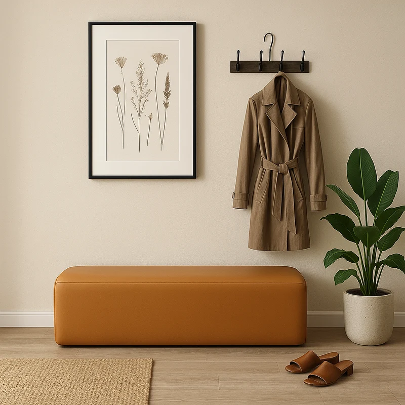 Modern Minimalist Solid Wood Faux Leather Rectangular Bench Backless For Entryway