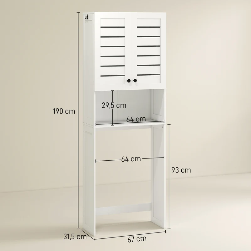 Meuble au-dessus des toilettes gain de place 67 x 31,5 x 190 cm ventilation portes à persiennes style épuré en MDF blanc 21_0002075