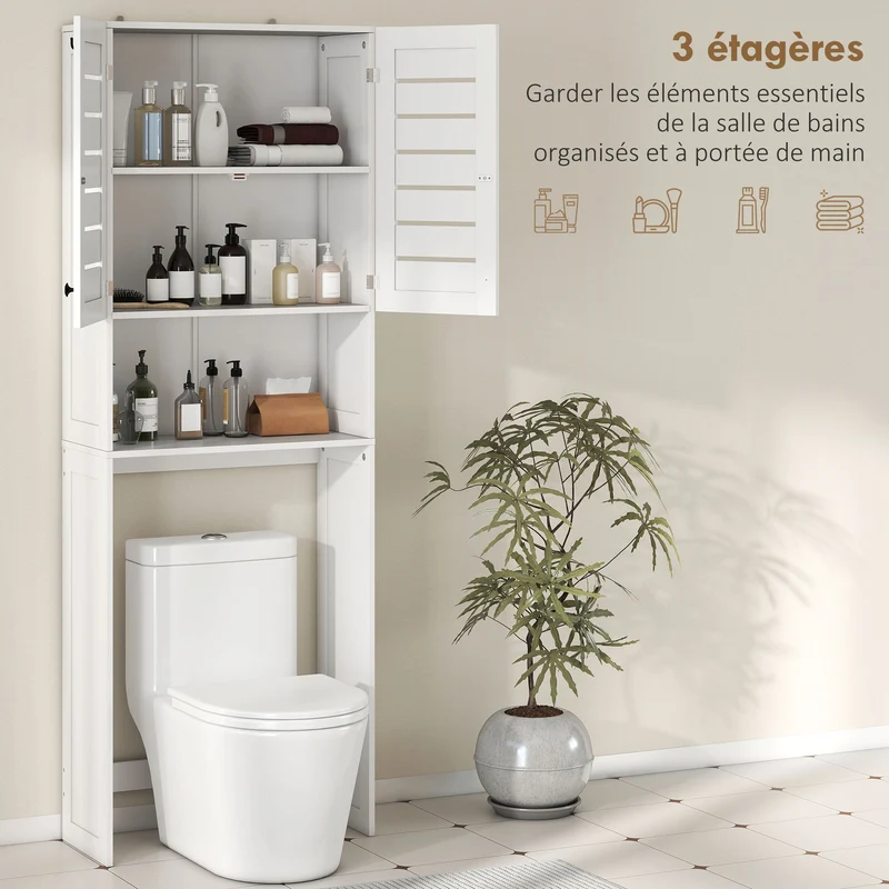 Meuble au-dessus des toilettes gain de place 67 x 31,5 x 190 cm ventilation portes à persiennes style épuré en MDF blanc 21_0002075