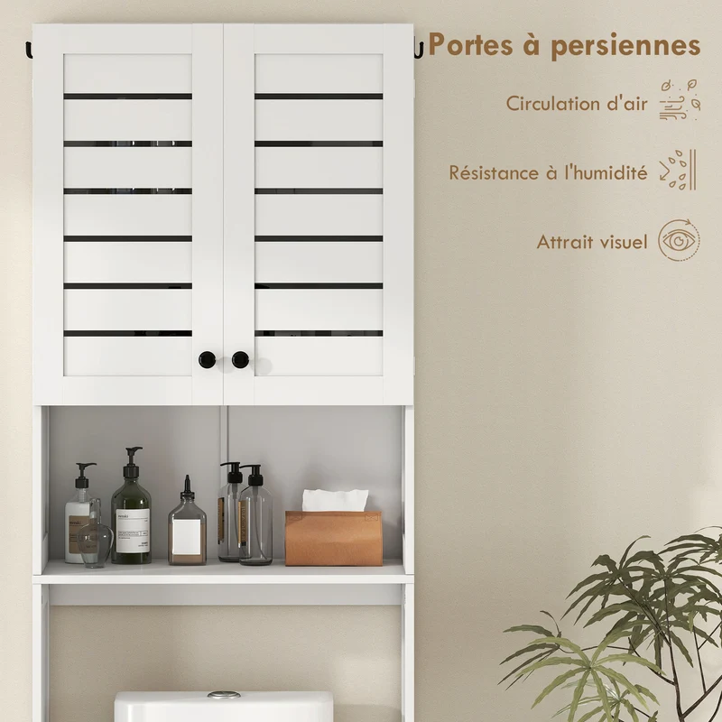 Meuble au-dessus des toilettes gain de place 67 x 31,5 x 190 cm ventilation portes à persiennes style épuré en MDF blanc 21_0002075