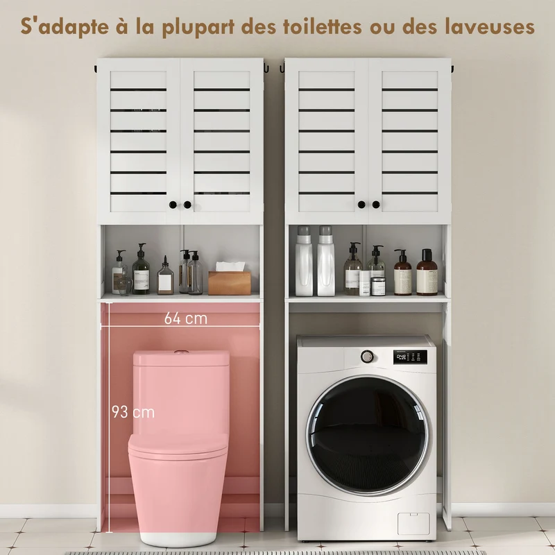 Meuble au-dessus des toilettes gain de place 67 x 31,5 x 190 cm ventilation portes à persiennes style épuré en MDF blanc 21_0002075