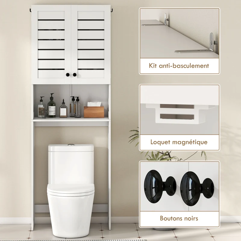 Meuble au-dessus des toilettes gain de place 67 x 31,5 x 190 cm ventilation portes à persiennes style épuré en MDF blanc 21_0002075