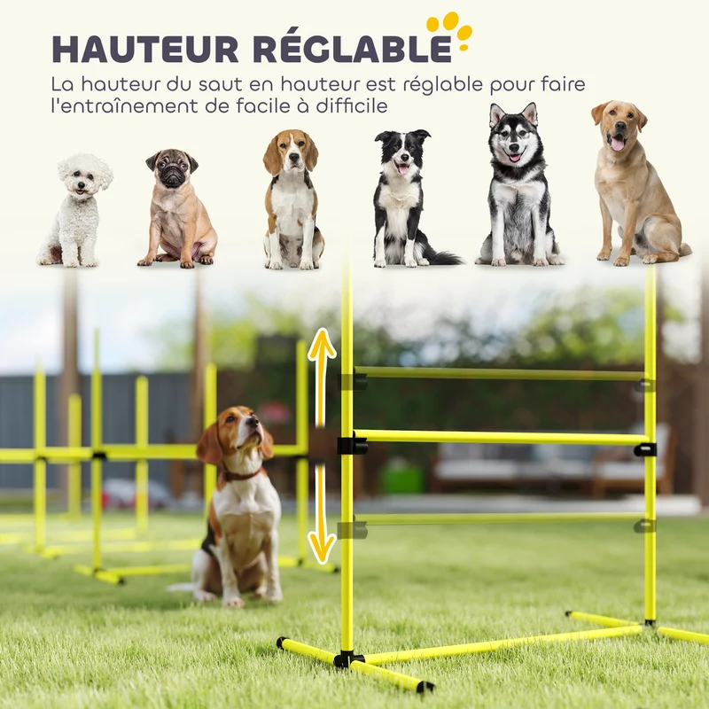 Lot de 4 obstacles d'agilité pour chien 99 x 65 x 94 cm réglable sac transport inclus tendance en polyéthylène jaune 21_0007515