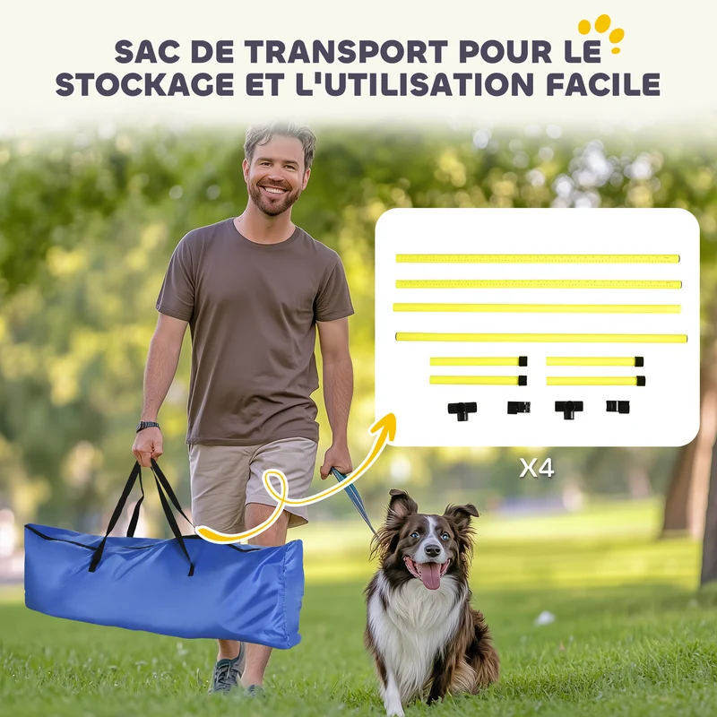 Lot de 4 obstacles d'agilité pour chien 99 x 65 x 94 cm réglable sac transport inclus tendance en polyéthylène jaune 21_0007515