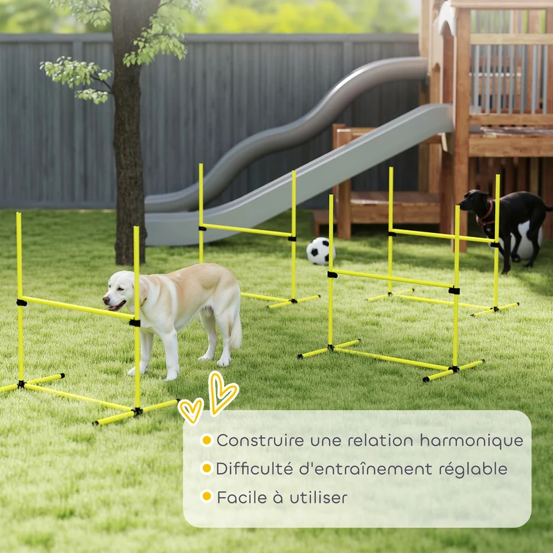Lot de 4 obstacles d'agilité pour chien 99 x 65 x 94 cm réglable sac transport inclus tendance en polyéthylène jaune 21_0007515