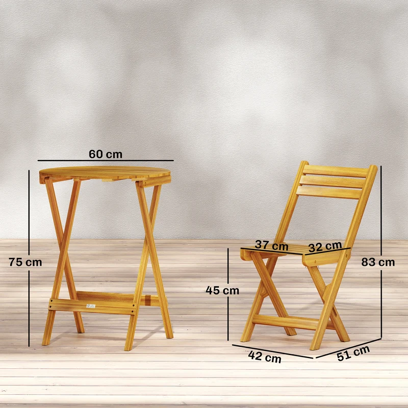 Lot de 3 ensemble bistrot pliable salon jardin 60 x 60 x 75 cm sans montage rustique épuré en bois d'acacia naturel 21_0005348