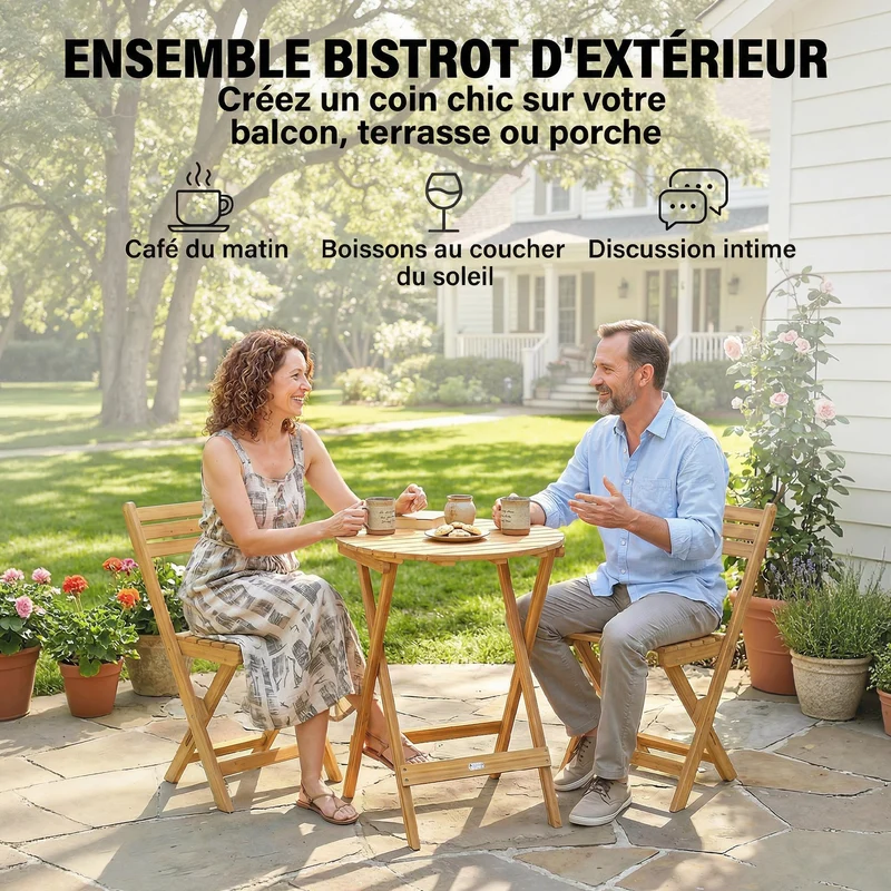 Lot de 3 ensemble bistrot pliable salon jardin 60 x 60 x 75 cm sans montage rustique épuré en bois d'acacia naturel 21_0005348