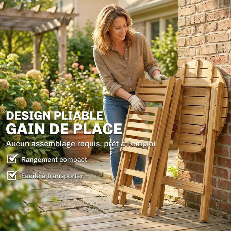 Lot de 3 ensemble bistrot pliable salon jardin 60 x 60 x 75 cm sans montage rustique épuré en bois d'acacia naturel 21_0005348