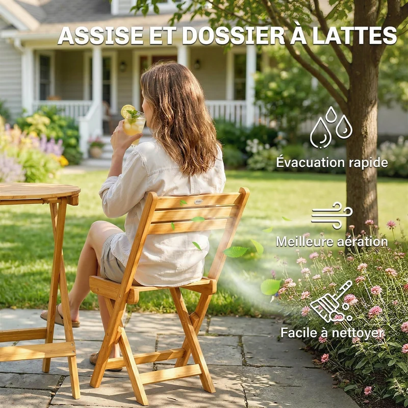 Lot de 3 ensemble bistrot pliable salon jardin 60 x 60 x 75 cm sans montage rustique épuré en bois d'acacia naturel 21_0005348