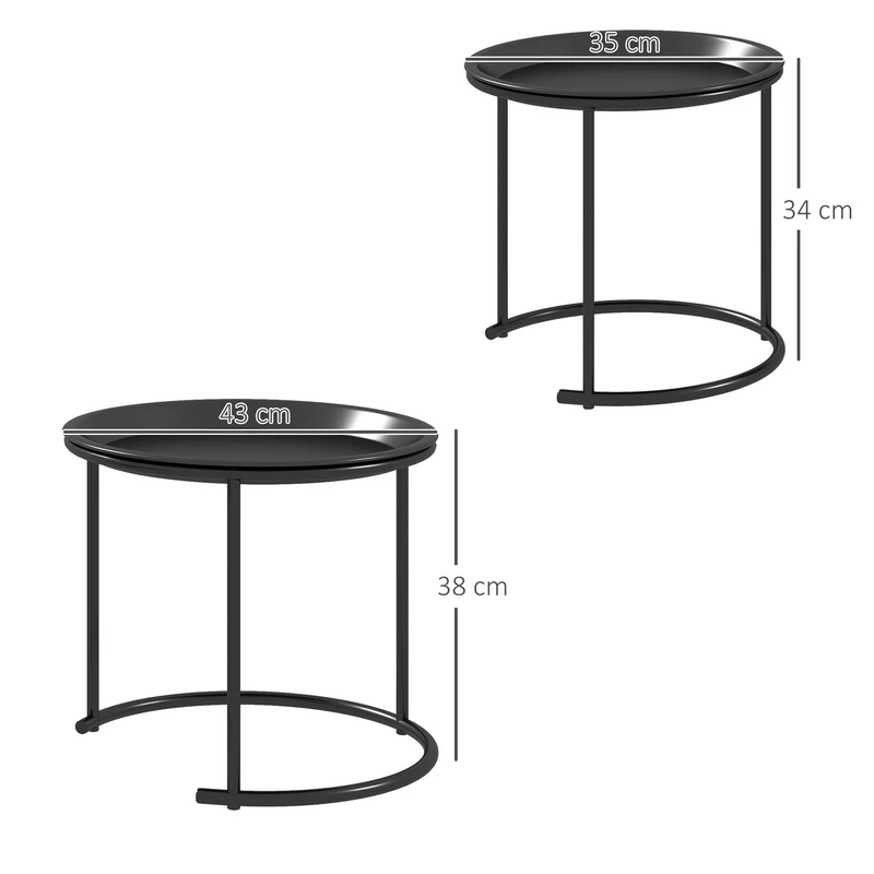 Lot de 2 tables basses gigognes rondes encastrables 43 x 38 cm et 35 x 34 cm plateaux amovibles industriel en acier noir 21_0003144